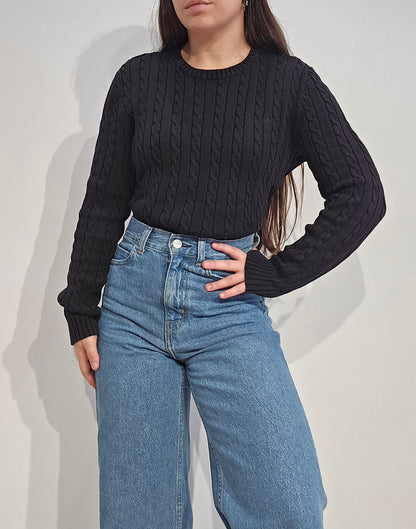 Pull col rond en maille torsadée noir collection RLR - M