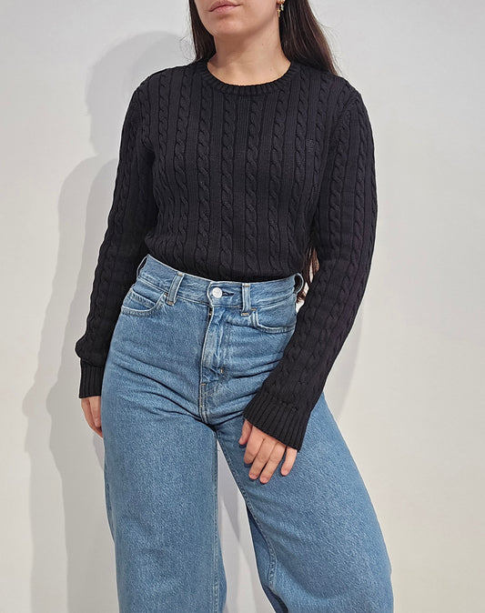 Pull col rond en maille torsadée noir collection RLR - M