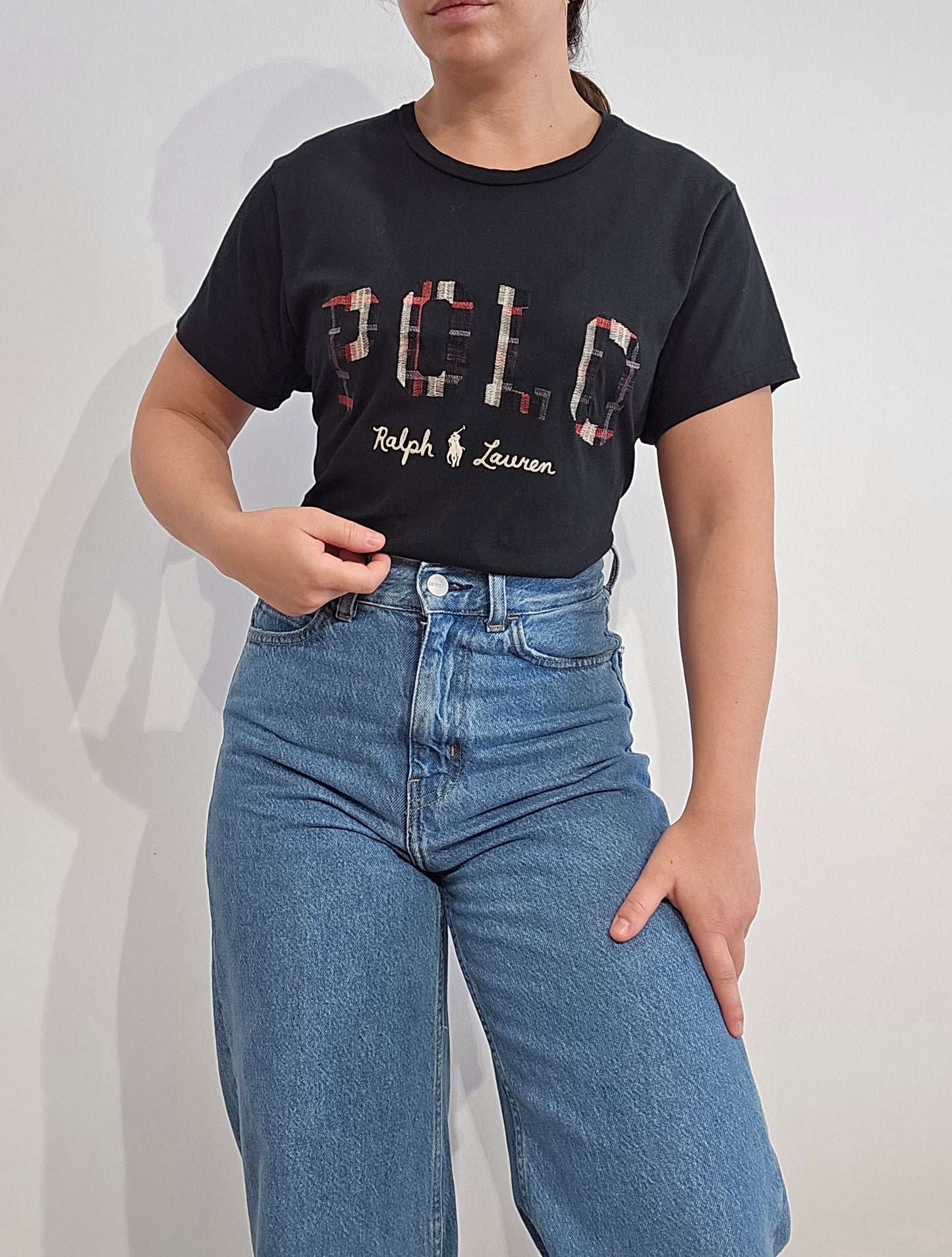 Tee-shirt en coton noir brodé - S