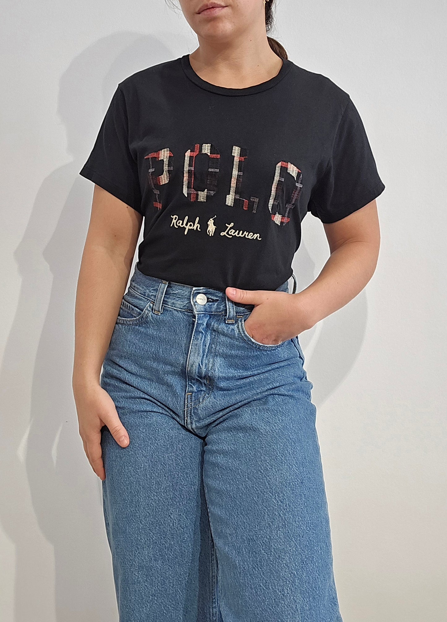Tee-shirt en coton noir brodé - S