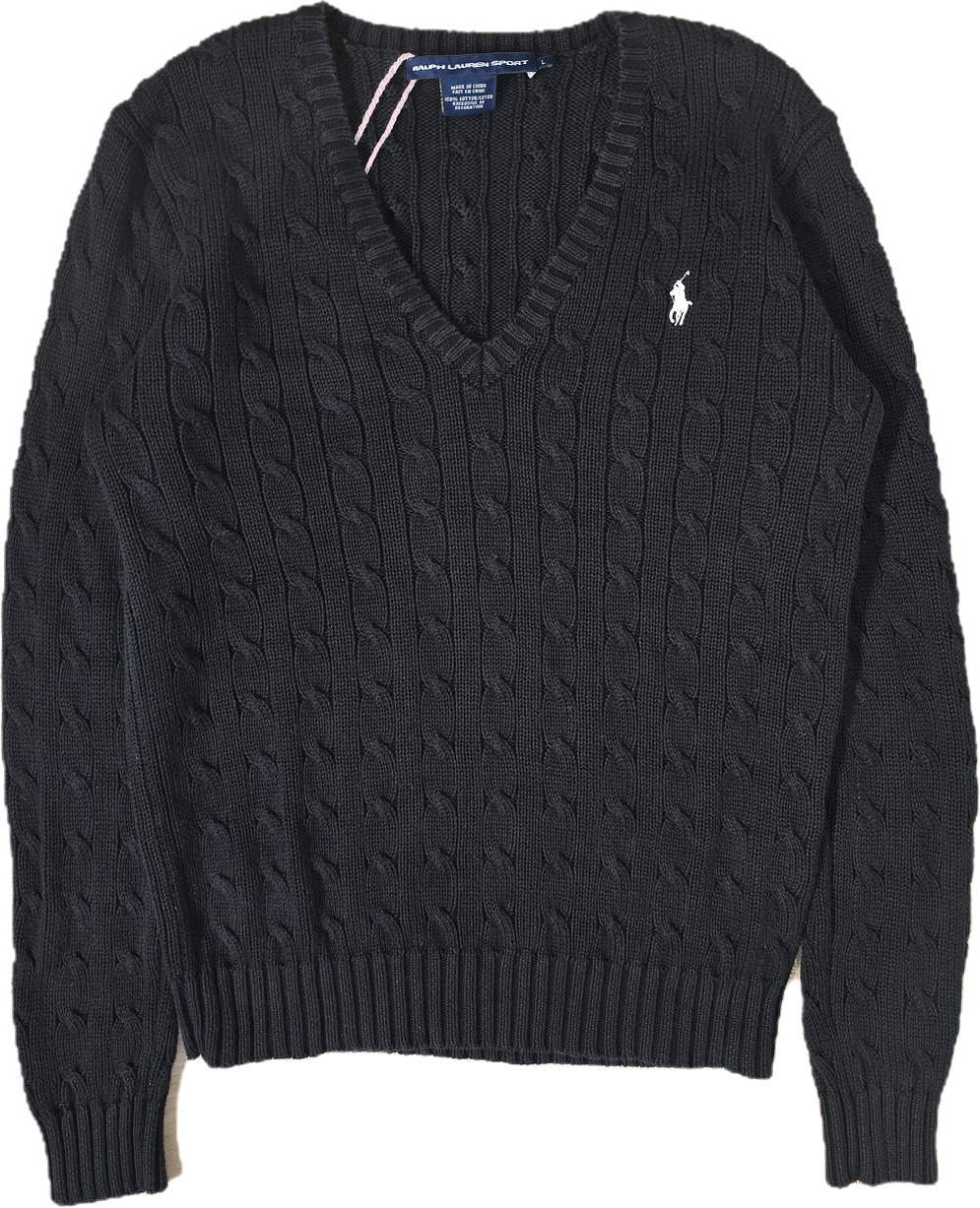 Pull col V en maille torsadée noir - M