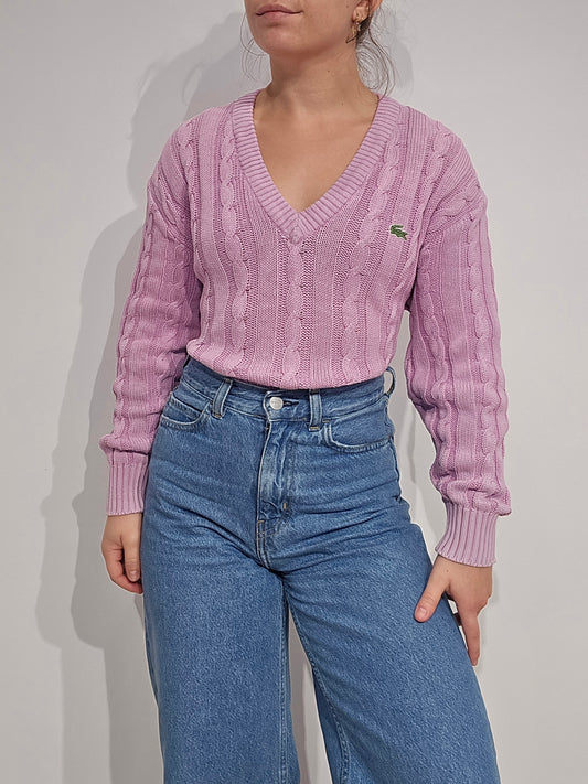 Pull col V en maille torsadée rose des années 80' - S