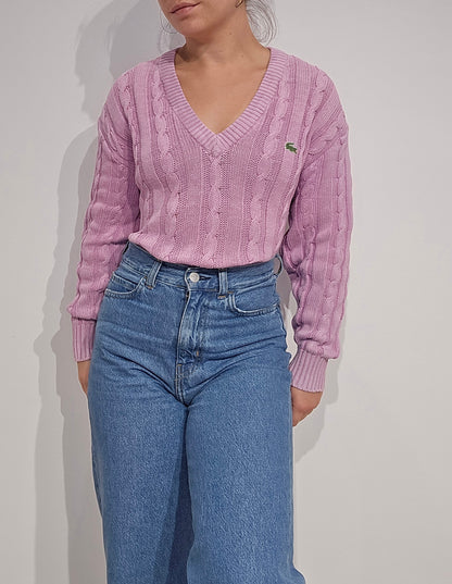 Pull col V en maille torsadée rose des années 80' - S