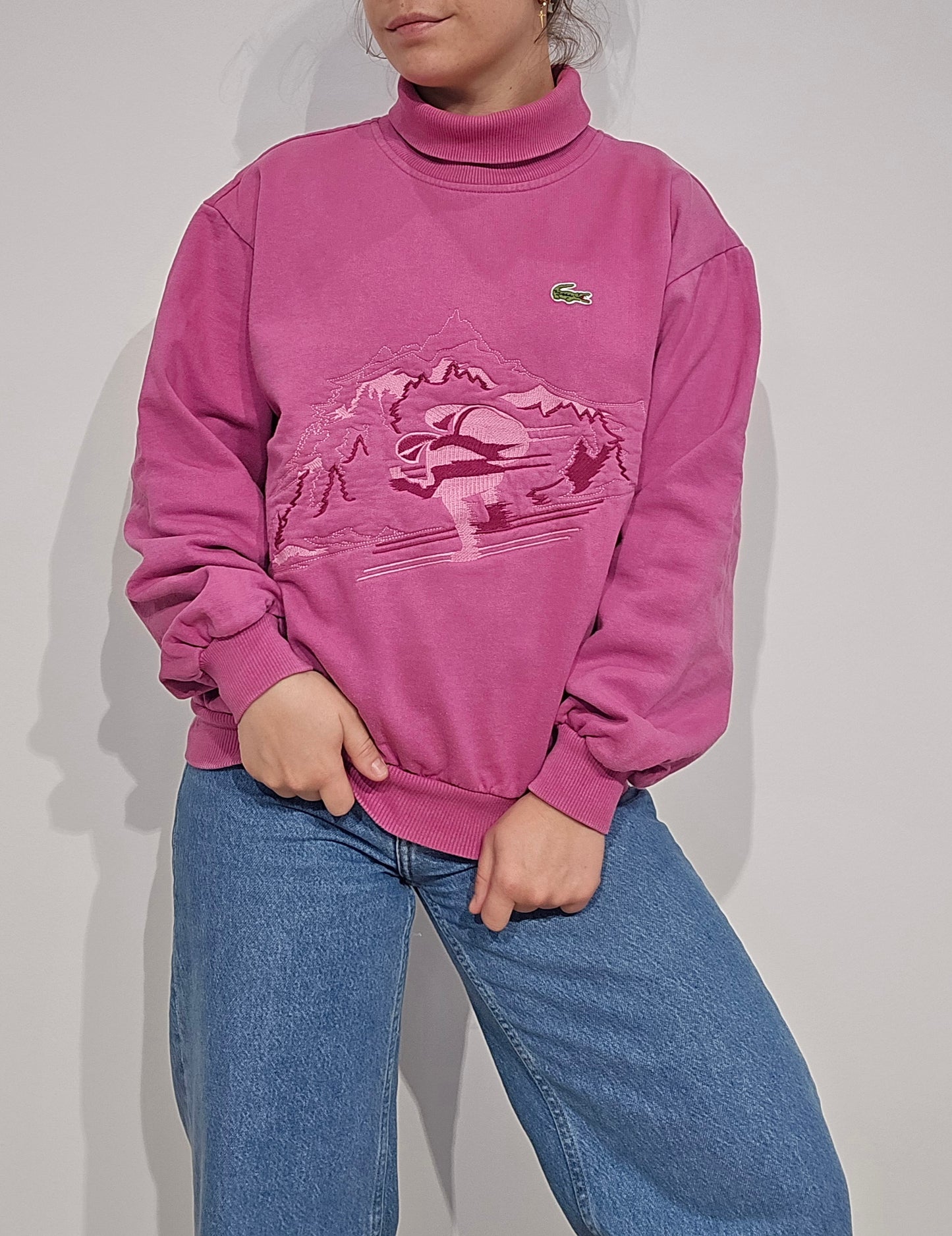 Pull col roulé rose brodé des années 80' collection ski - XS/S