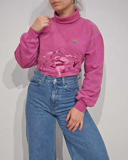 Pull col roulé rose brodé des années 80' collection ski - XS/S