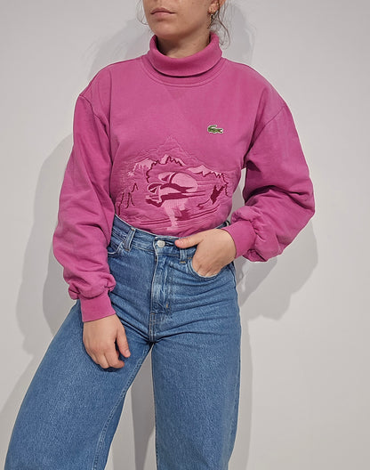Pull col roulé rose brodé des années 80' collection ski - XS/S