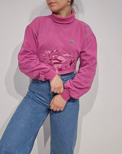Pull col roulé rose brodé des années 80' collection ski - XS/S