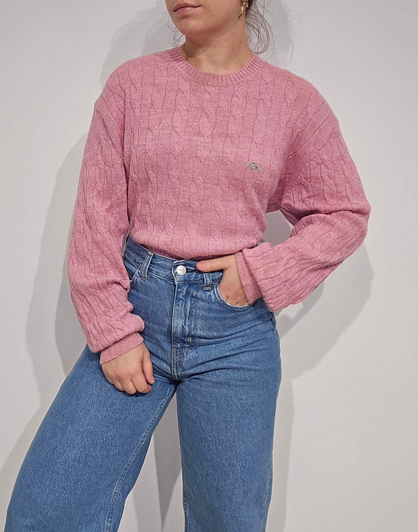 Pull en maille torsadée rose clair - XL
