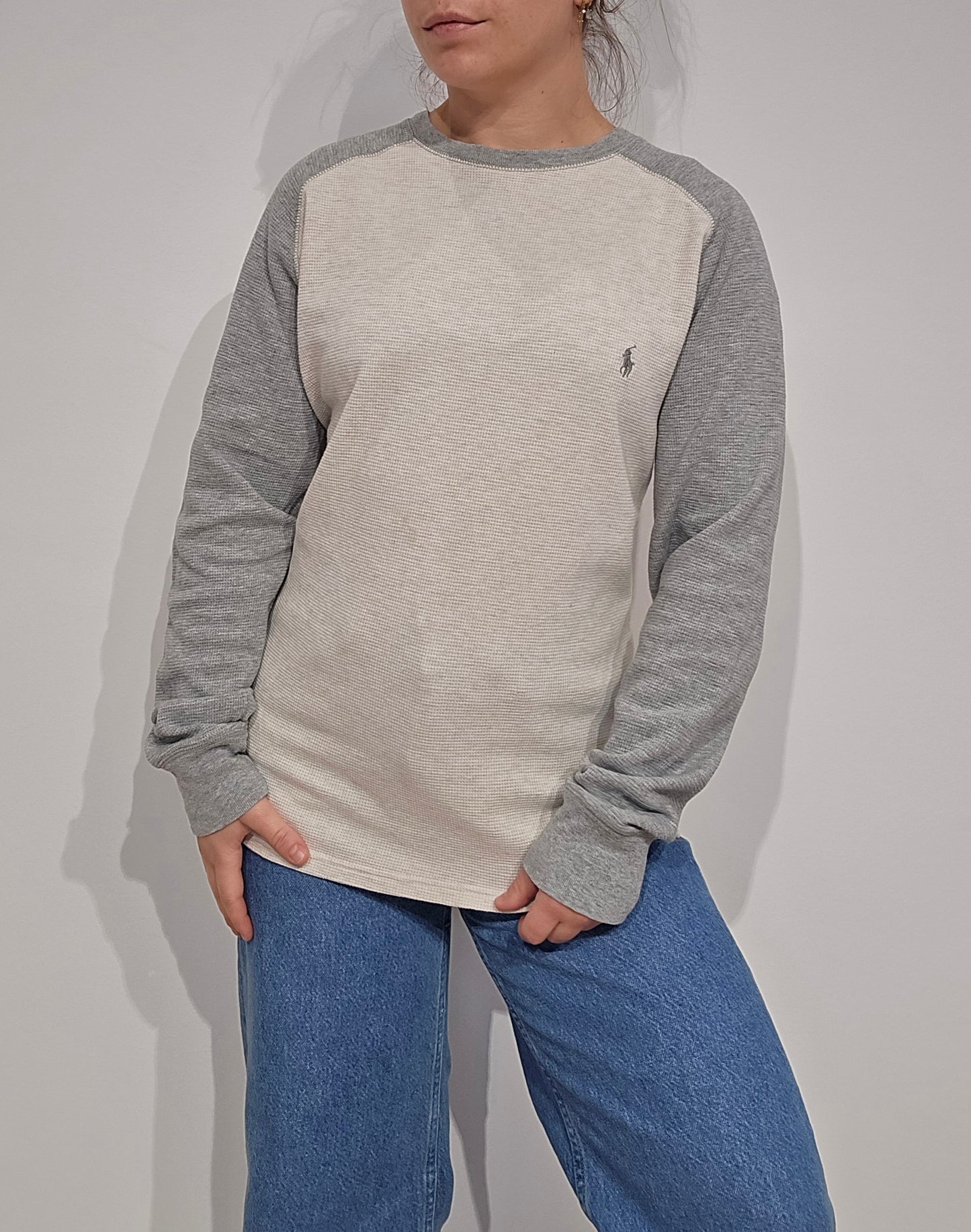 Pull léger en coton gris et blanc - S