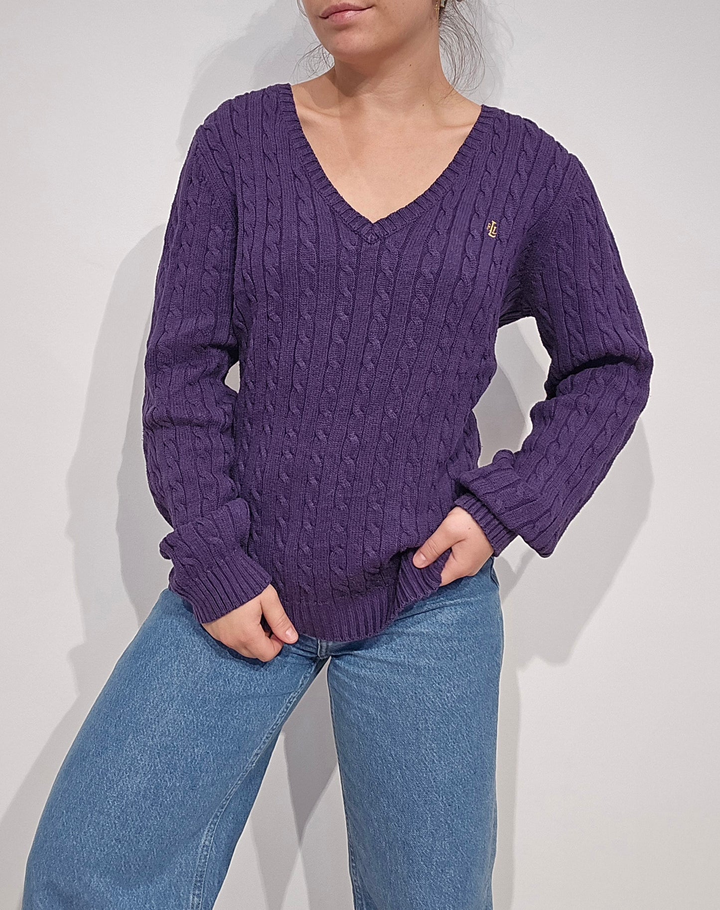 Pull en maille torsadée violet - L