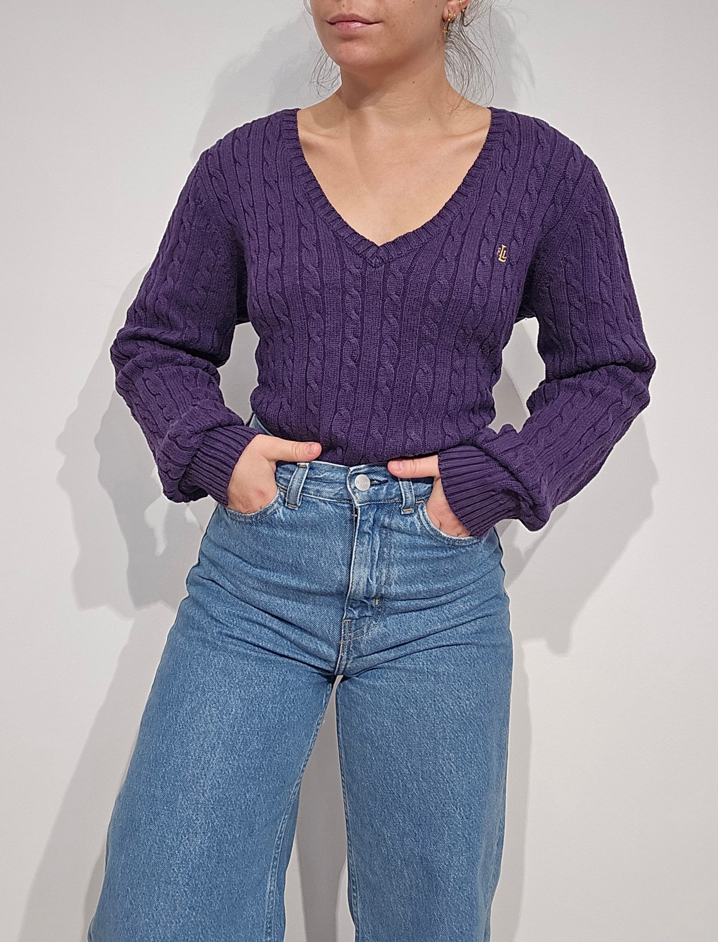Pull en maille torsadée violet - L