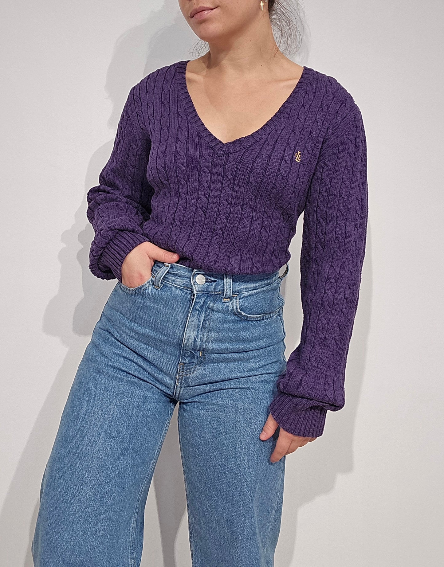 Pull en maille torsadée violet - L