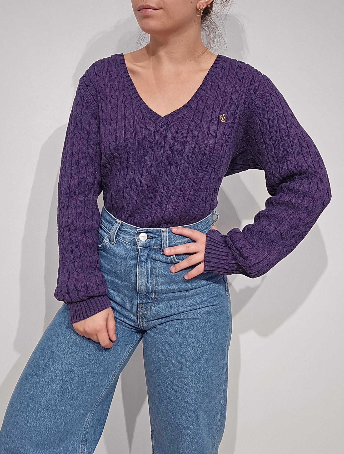 Pull en maille torsadée violet - L
