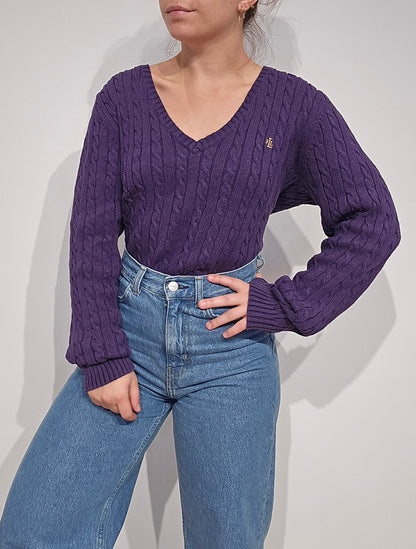 Pull en maille torsadée violet - L