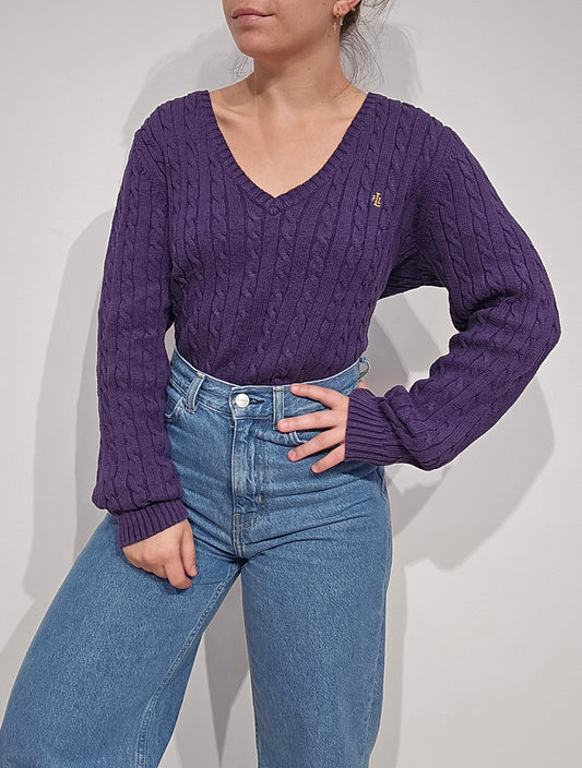 Pull en maille torsadée violet - L