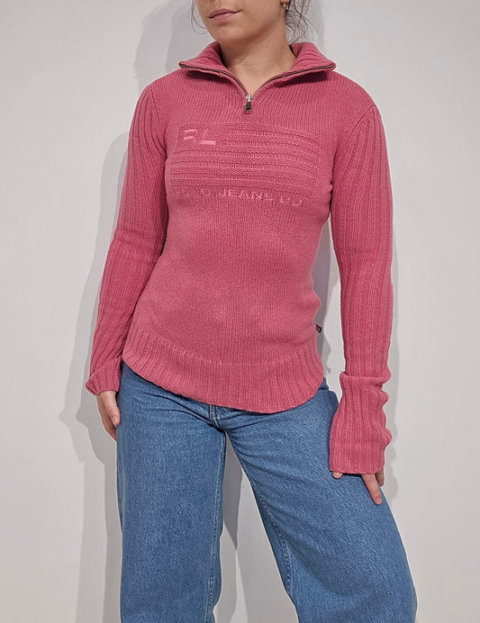 Pull camionneur en laine rose american flag (moulant) - XS