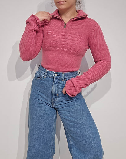 Pull camionneur en laine rose american flag (moulant) - XS