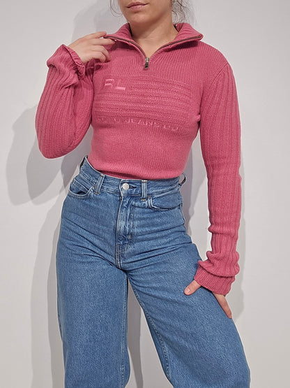 Pull camionneur en laine rose american flag (moulant) - XS