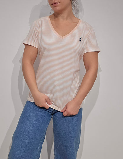 Tee-shirt à rayures abricot/blanc- M