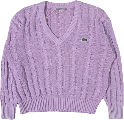 Pull col V en maille torsadée rose des années 80' - S