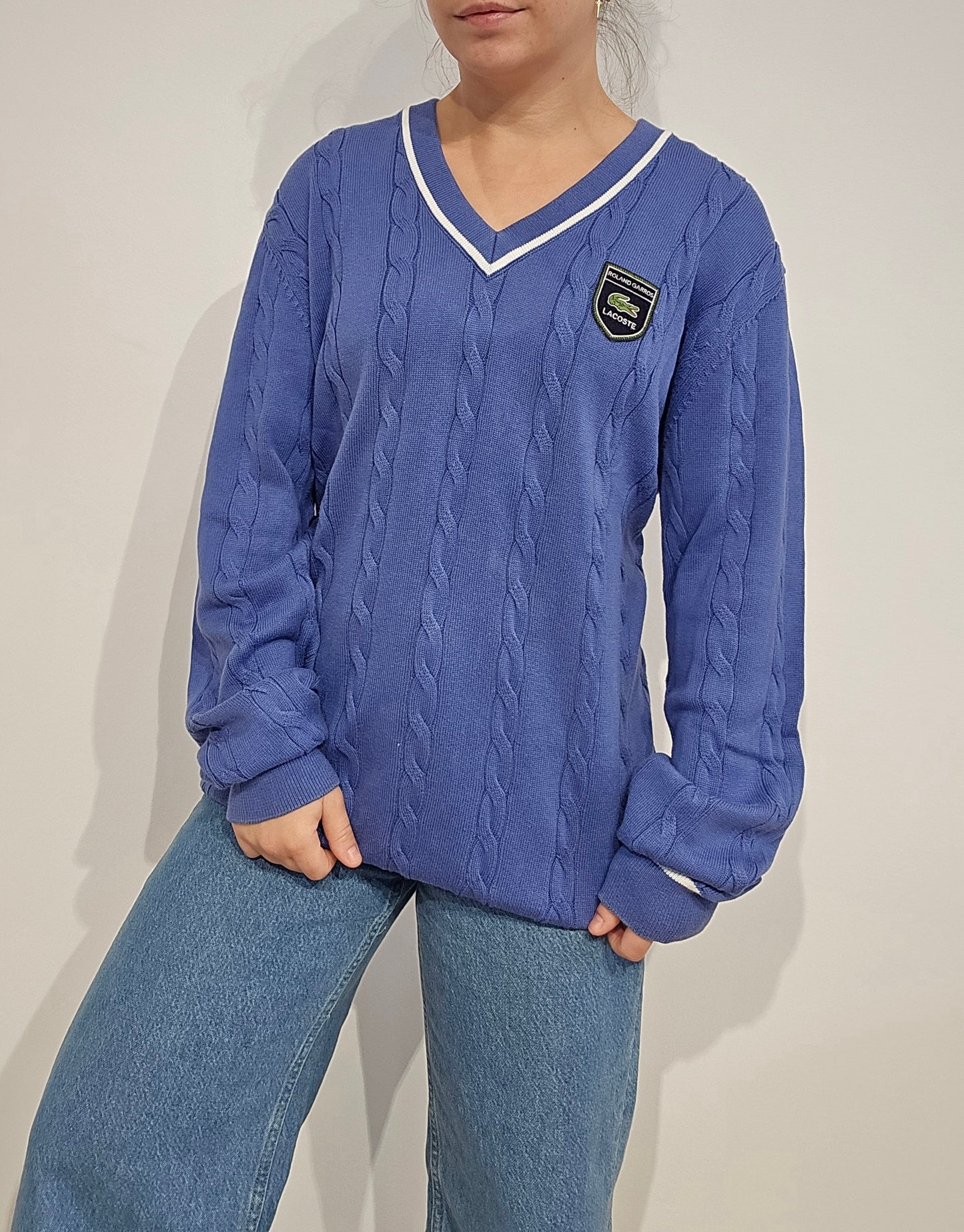 Pull col V en maille torsadée bleu Roland Garros - XL