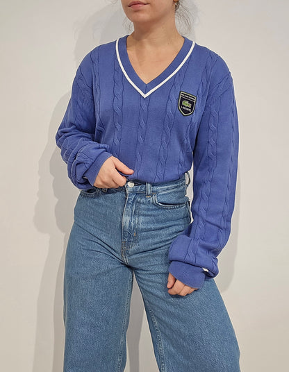Pull col V en maille torsadée bleu Roland Garros - XL
