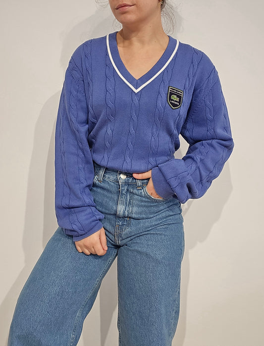 Pull col V en maille torsadée bleu Roland Garros - XL