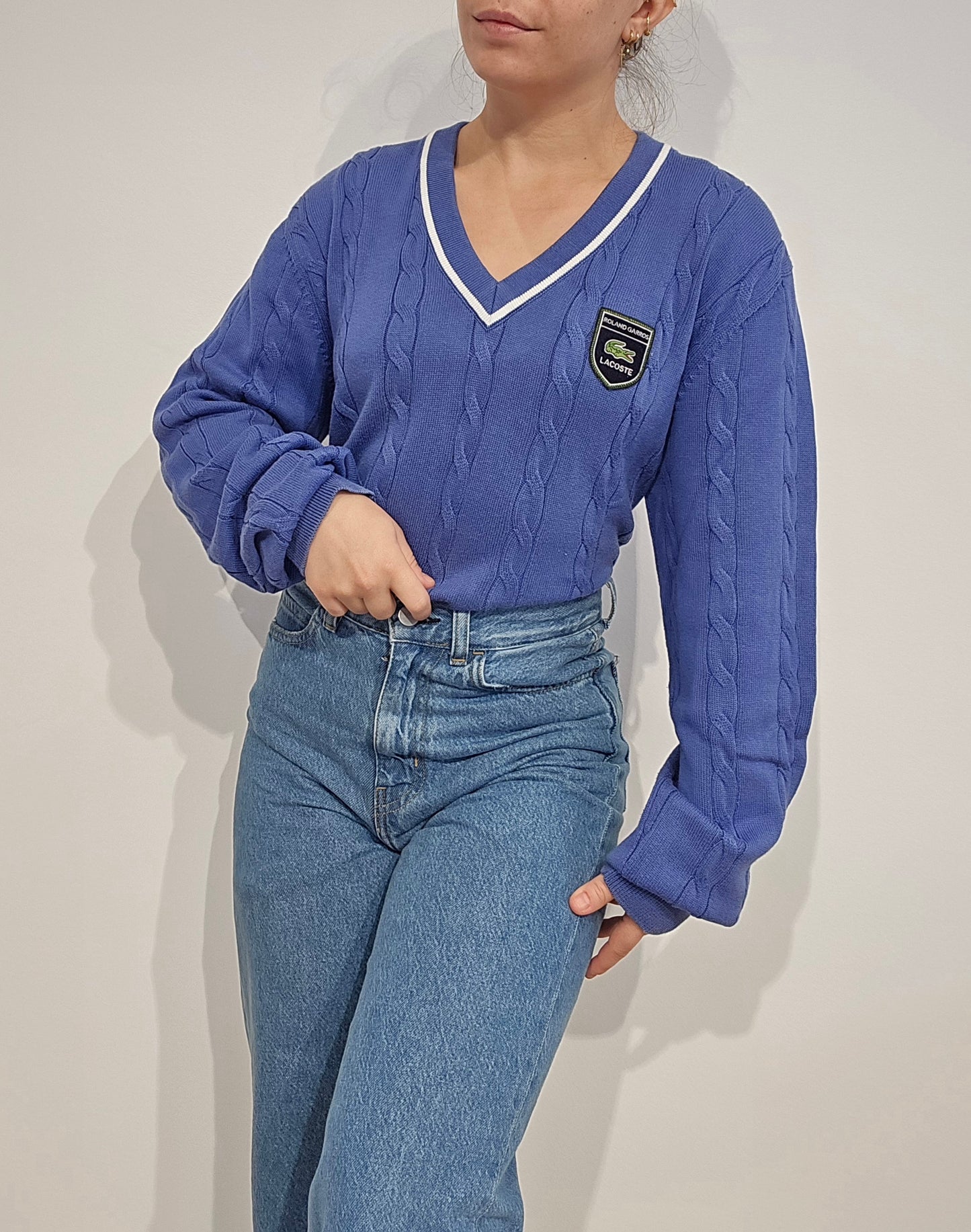 Pull col V en maille torsadée bleu Roland Garros - XL