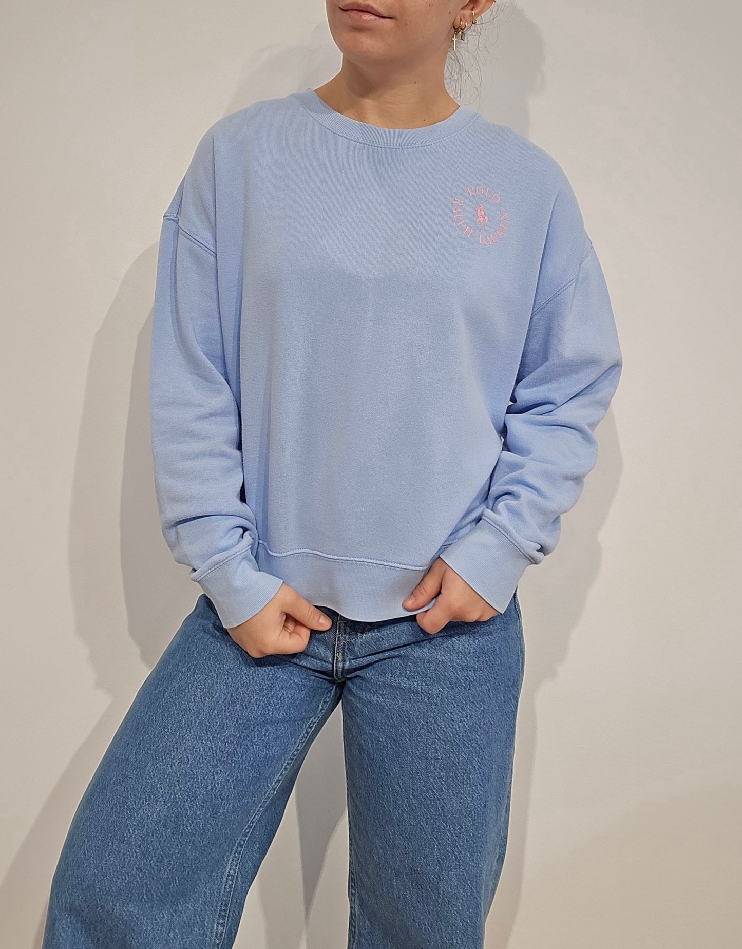 Sweat bleu ciel imprimé rose - XS