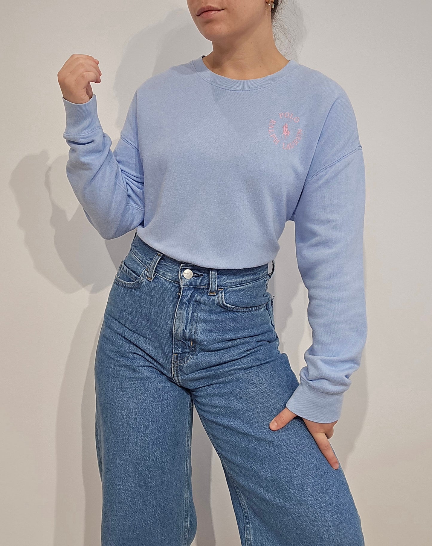 Sweat bleu ciel imprimé rose - XS