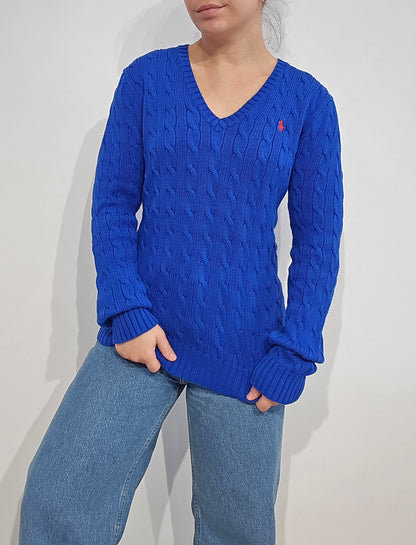 Pull col V en maille torsadée bleu - M/L
