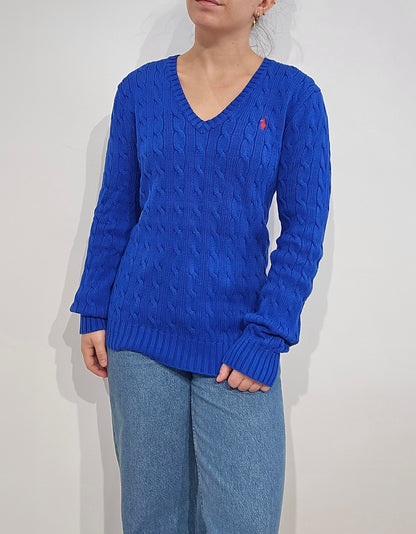 Pull col V en maille torsadée bleu - M/L