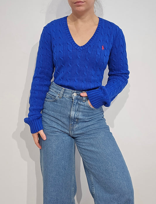 Pull col V en maille torsadée bleu - M/L