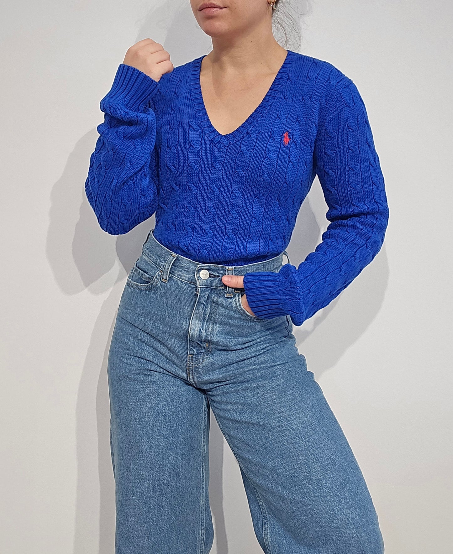 Pull col V en maille torsadée bleu - M/L