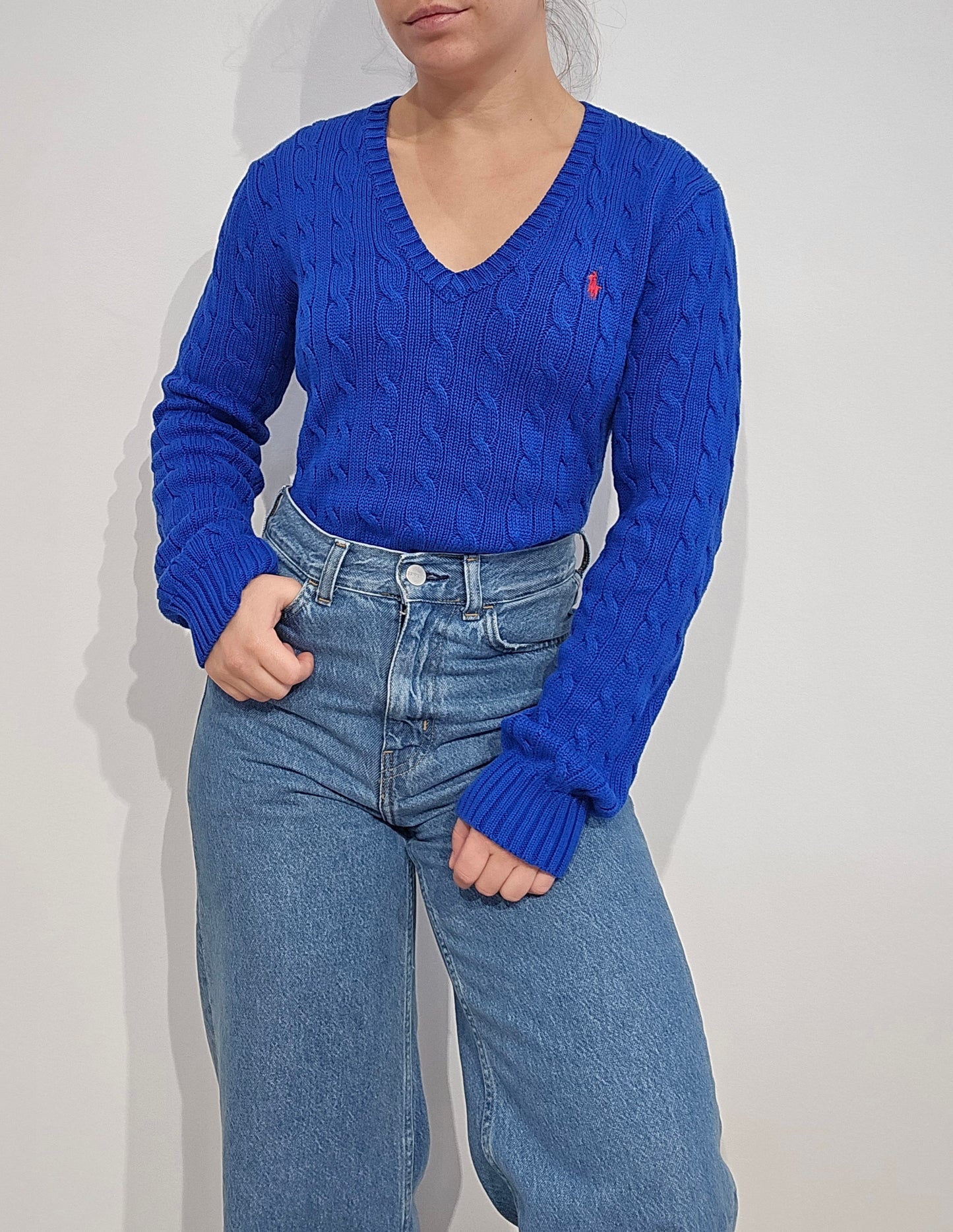 Pull col V en maille torsadée bleu - M/L