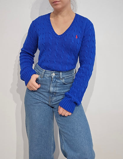 Pull col V en maille torsadée bleu - M/L