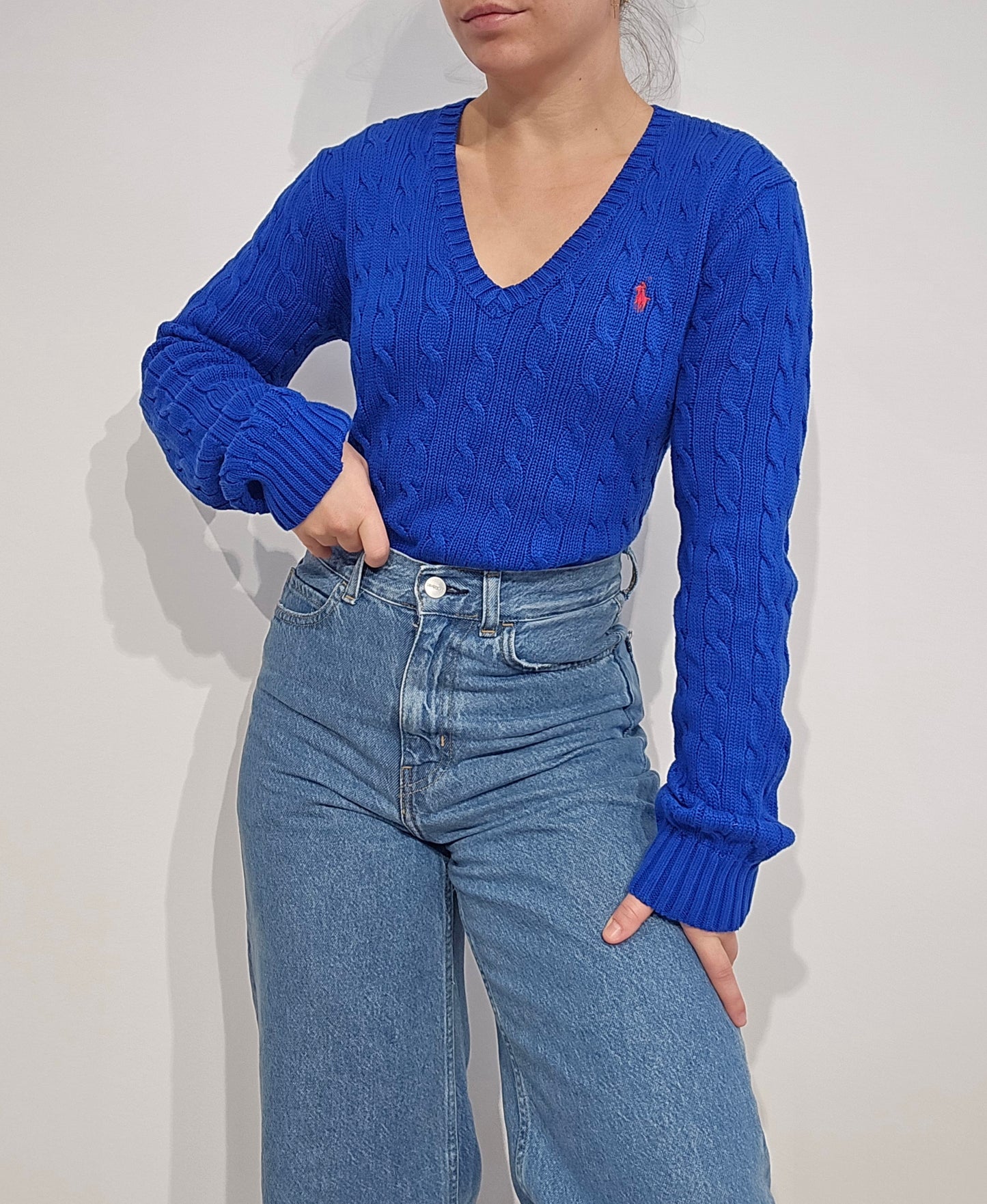 Pull col V en maille torsadée bleu - M/L