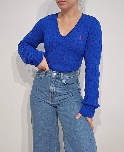 Pull col V en maille torsadée bleu - M/L