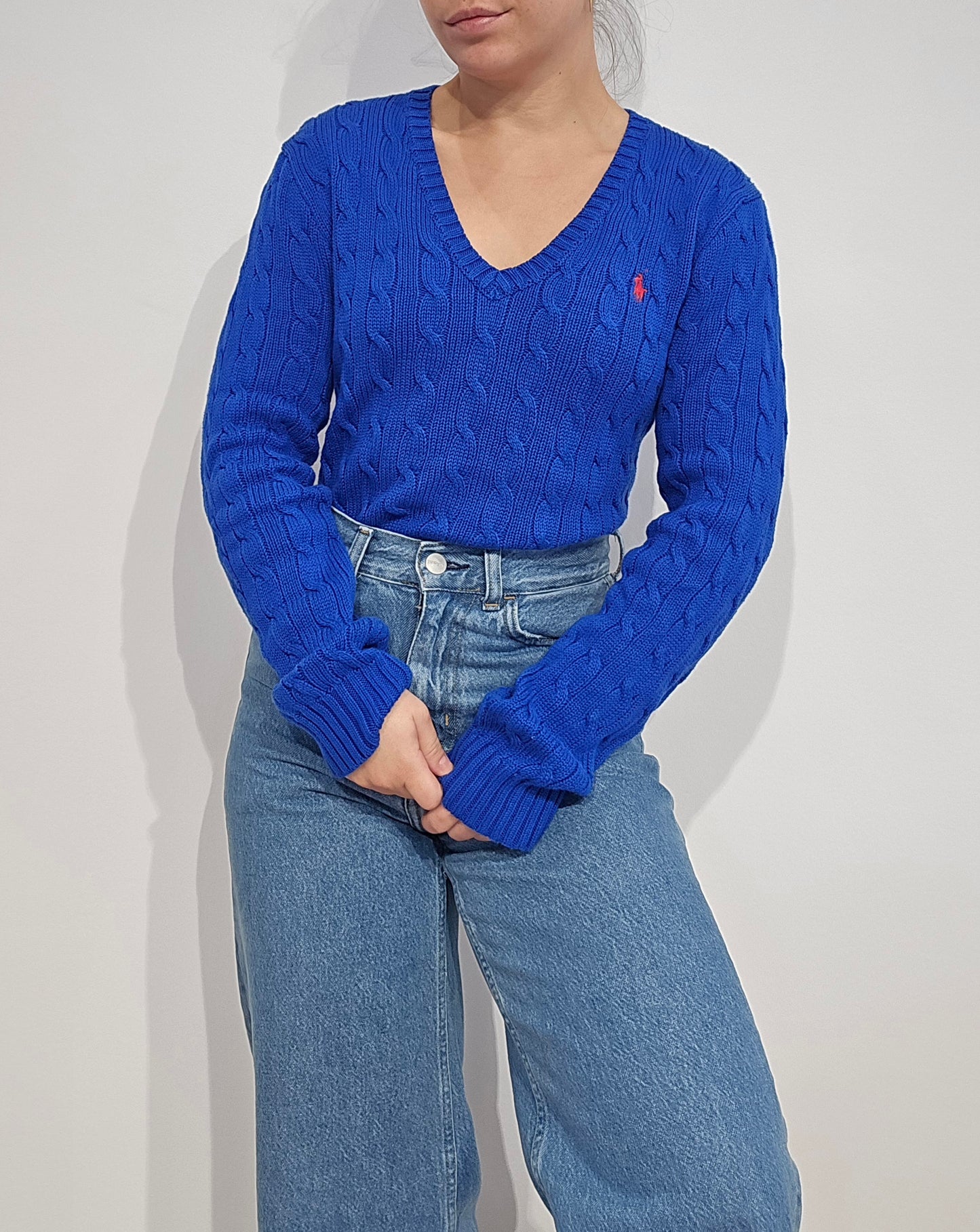 Pull col V en maille torsadée bleu - M/L