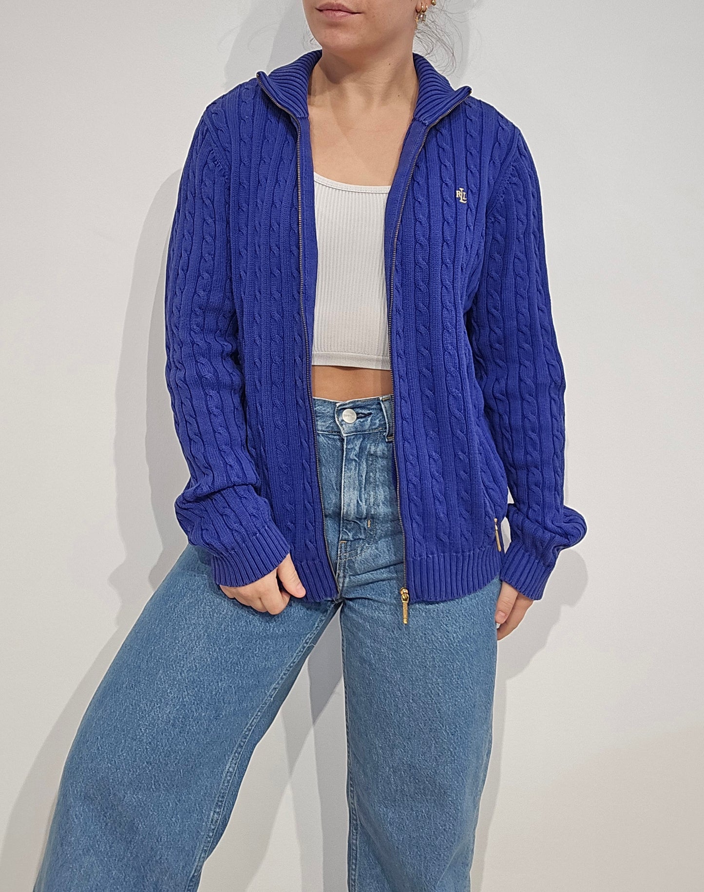 Veste en maille torsadée bleu - M