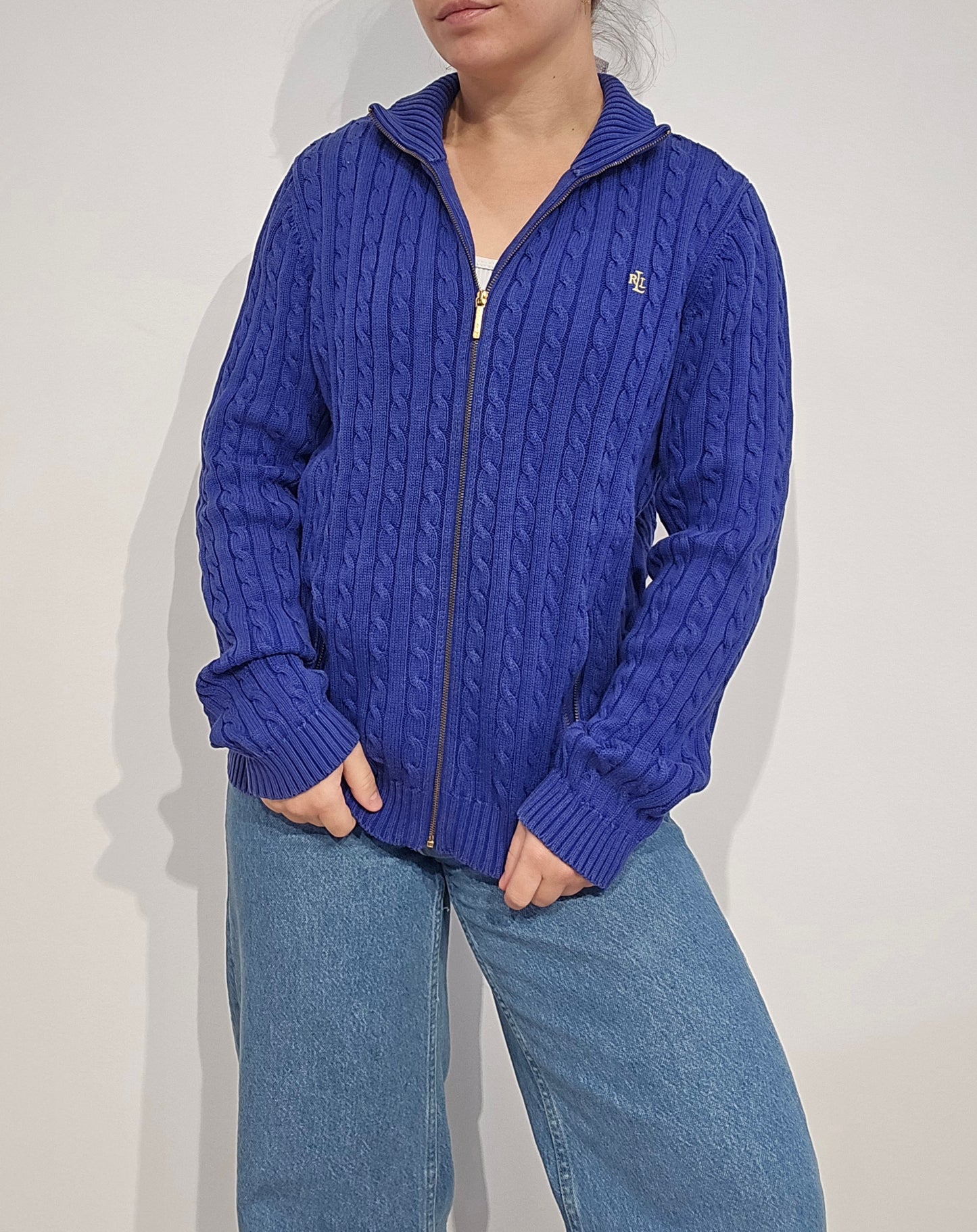 Veste en maille torsadée bleu - M