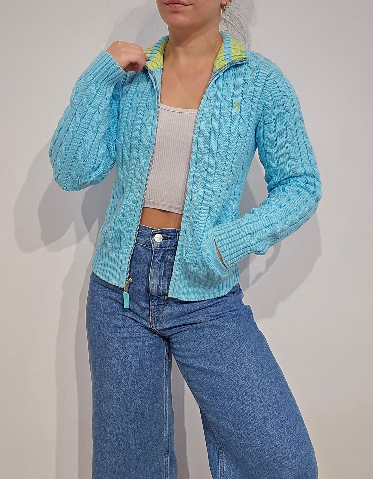 Veste en maille torsadée bleu ciel - XS