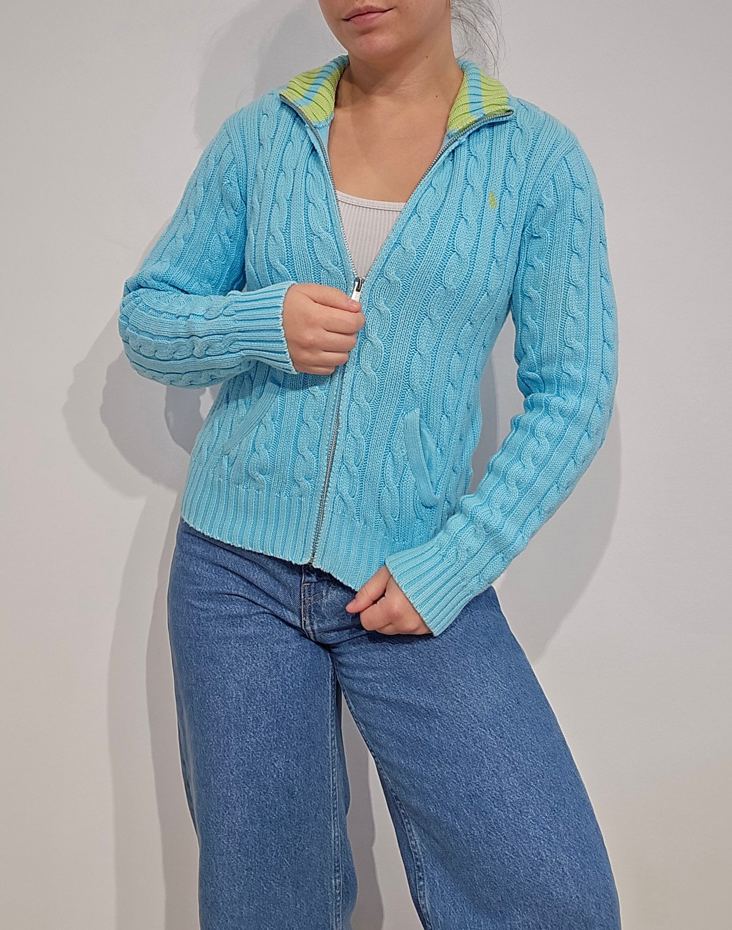 Veste en maille torsadée bleu ciel - XS