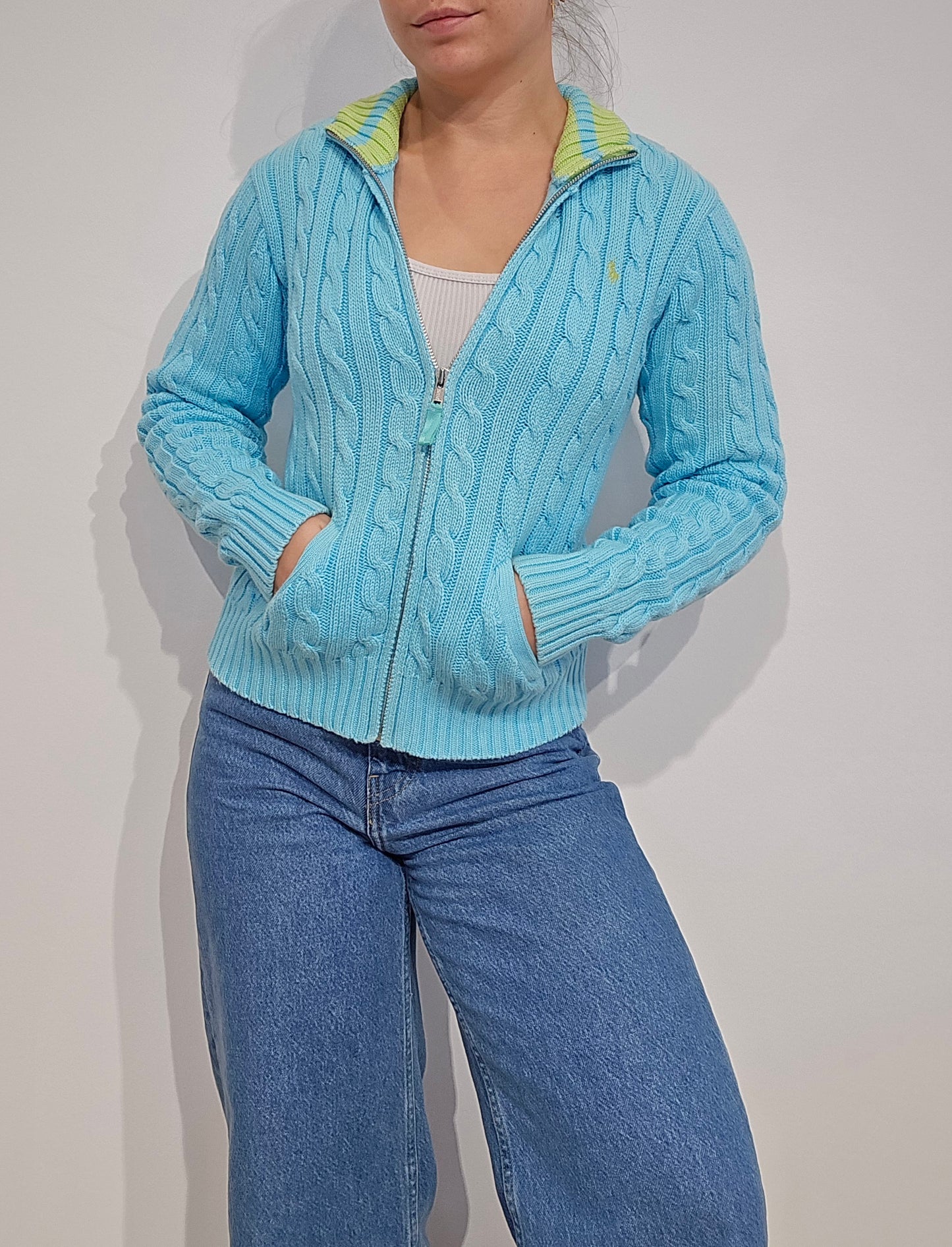 Veste en maille torsadée bleu ciel - XS