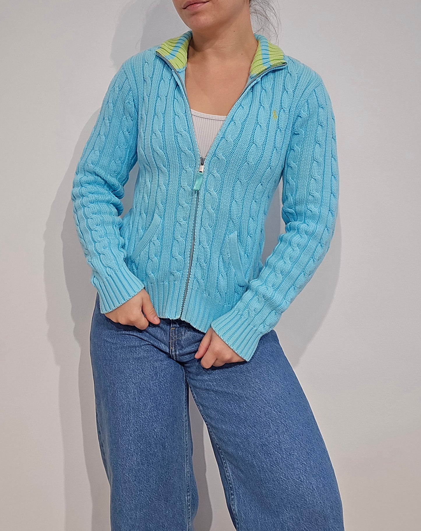 Veste en maille torsadée bleu ciel - XS