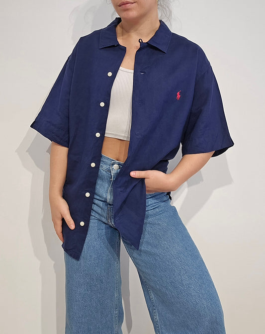 Chemise custom fit en lin marine - XL