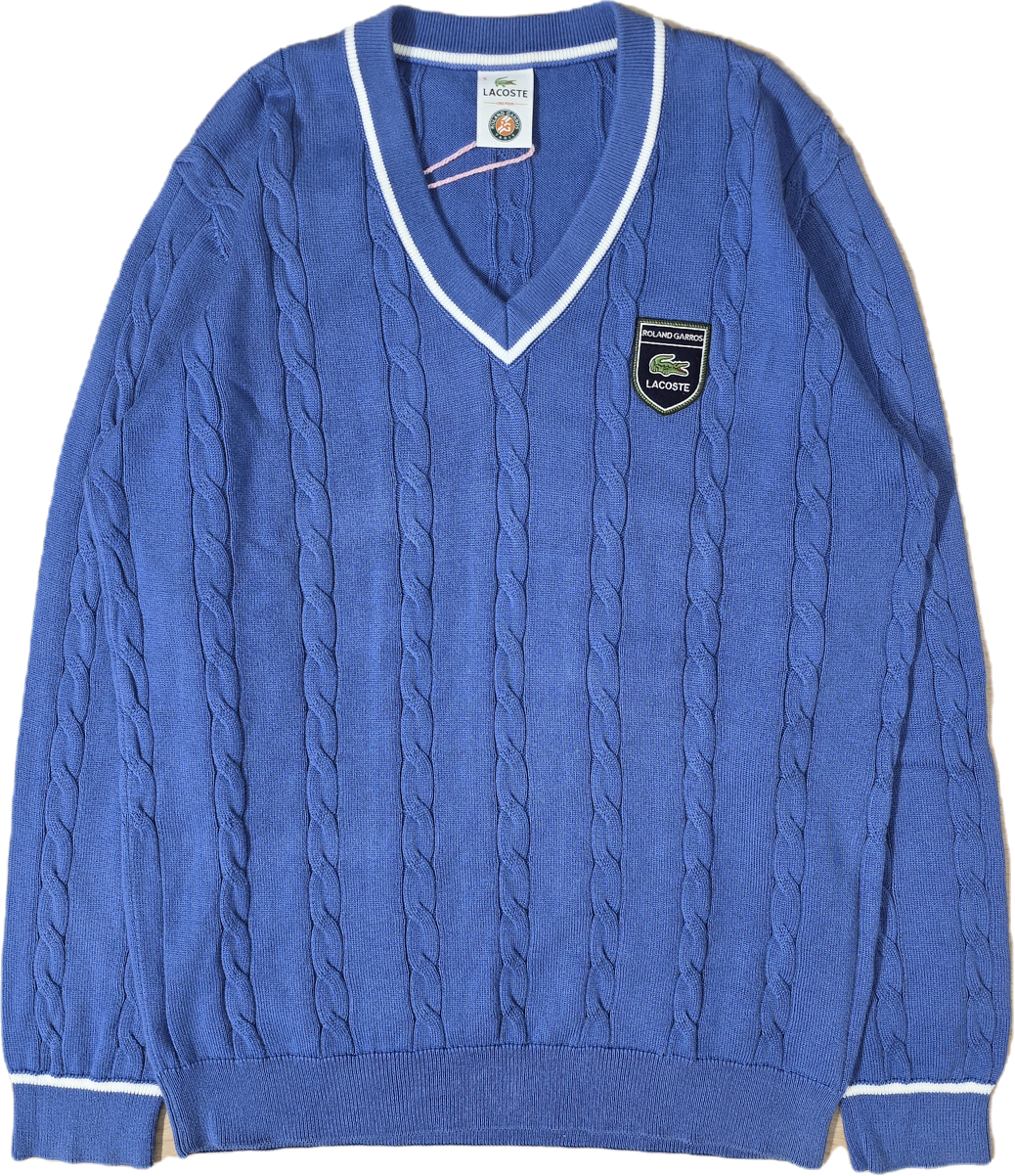 Pull col V en maille torsadée bleu Roland Garros - L