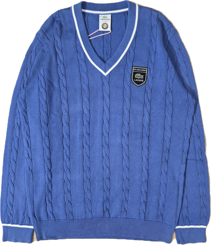 Pull col V en maille torsadée bleu Roland Garros - L