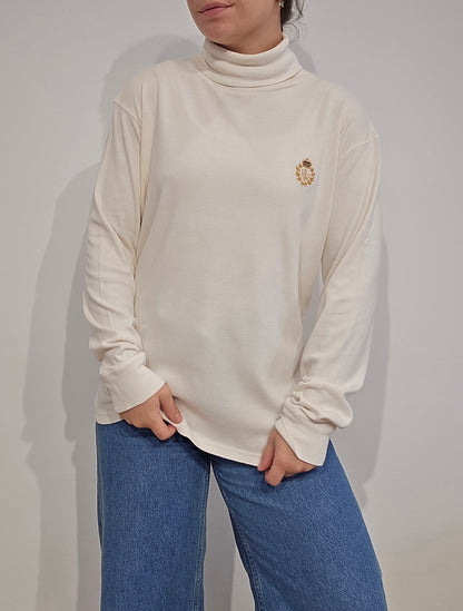 Pull col roulé banc brodé des années 90' - M