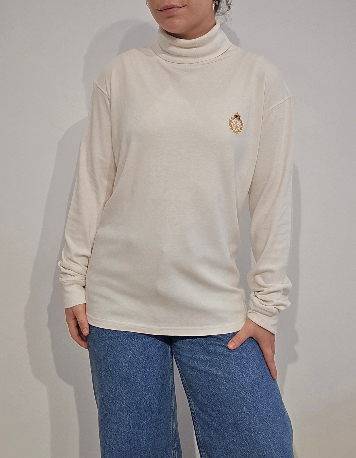 Pull col roulé banc brodé des années 90' - M